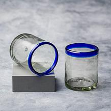 Cobalt Rim DOF Handblown Mexican Glass - Set of 6