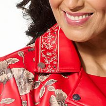 Colleen Lopez Embroidered Faux Leather and Print Moto Jacket
