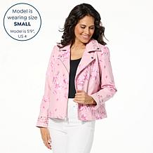 Colleen Lopez Embroidered Faux Leather and Print Moto Jacket