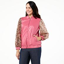 Colleen Lopez Sequin Sleeve Faux Leather Bomber Jacket