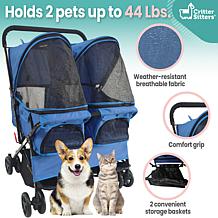 CritterSitters Double Pet Stroller with 2 Storage Baskets - Blue