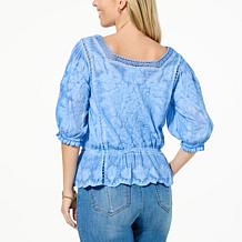 Democracy Embroidered Peplum Top with Crochet Trim
