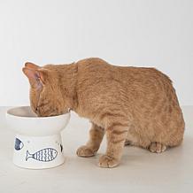Dexypaws: Elevated 7oz Feeding Dish Ceramic Cat Bowl, White/Navy Fish