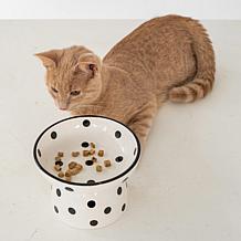 DexyPaws Elevated Ceramic Cat Bowl - White & Black Polka Dots