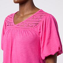 DG2 by Diane Gilman Cotton Modal Lace Yoke Bubble Sleeve Top