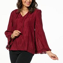 DG2 by Diane Gilman Crinkled Dobby Ruffled Flare Sleeve Blouse
