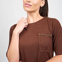 DG2 by Diane Gilman Embellished Brushed Sweater Knit Short-Sleeve Top