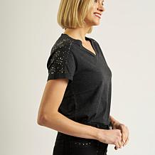 DG2 by Diane Gilman Embellished Rhinestone V-Neck Short Sleeve Tee