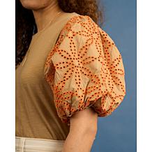 DG2 by Diane Gilman Embroidered Eyelet Puff Sleeve Slub Knit Tee