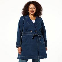 DG2 by Diane Gilman Faux Fur Trimmed Stretch Denim Trench Coat