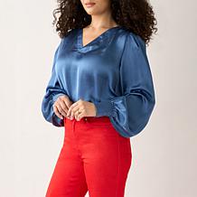 DG2 by Diane Gilman Hammered Satin Draped Sleeve Blouse