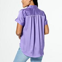 DG2 by Diane Gilman Just Like Silk Shirred Shoulder Button-Up Top