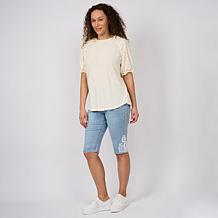 DG2 by Diane Gilman Knit Plisse Short Sleeve Ruffle Top