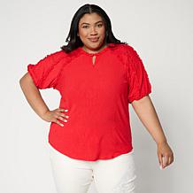 DG2 by Diane Gilman Knit Plisse Short Sleeve Ruffle Top