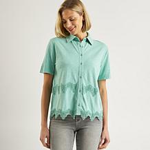 DG2 by Diane Gilman Lace Inset Knit Button-Up Shirt