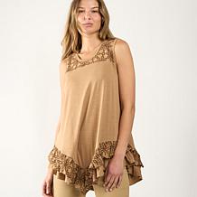 DG2 by Diane Gilman Mixed Media Eyelet Knit Ruffled Tank