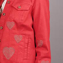 DG2 by Diane Gilman New Classic Heart Studded Stretch Denim Jacket