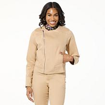 DG2 by Diane Gilman New Classic Stretch Denim Collarless Moto Jacket