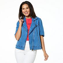 DG2 by Diane Gilman New Classic Stretch Denim Elbow Sleeve Moto Jacket