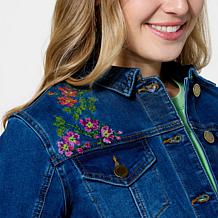 DG2 by Diane Gilman New Classic Stretch Denim Embellished Jean Jacket