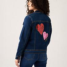 DG2 by Diane Gilman New Classic Stretch Heart-Embellished Denim Jacket