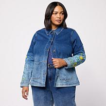 DG2 by Diane Gilman Ombre Dyed Embroidered Sleeve Denim Jacket