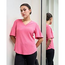 DG2 by Diane Gilman Plissé Knit Flutter-Sleeve V-Neck Top