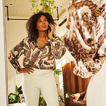 DG2 by Diane Gilman Printed Satin Hi-Low Hem V-Neck Blouse