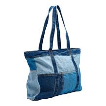 DG2 by Diane Gilman Rigid Denim Zip Closure Patched Tote Bag