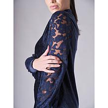 DG2 by Diane Gilman Velvet Knit Embroidered Tulle Sleeve Mock-Neck Top