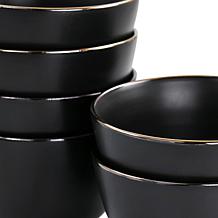 Elama Paul 6-Piece Stoneware Bowl Set in Matte Black with Gold Rim