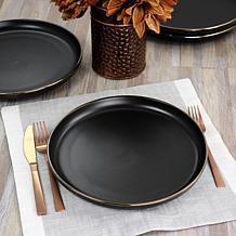 Elama Paul 6-Piece Stoneware Dinner Plate Set, Matte Black w/ Gold Rim
