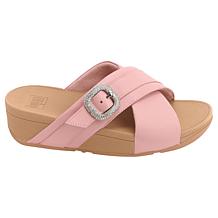 FitFlop Lulu Crystal-Buckle Leather Cross Slides