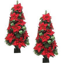 Fraser Hill Farm 4' Christmas Porch Trees w Velvet Poinsettias 2-pack