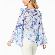 G by Giuliana Black Label Printed Chiffon Bell-Sleeve Top