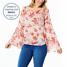 G by Giuliana Black Label Printed Chiffon Bell-Sleeve Top