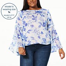 G by Giuliana Black Label Printed Chiffon Bell-Sleeve Top