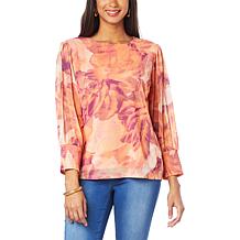 G by Giuliana Floral Print Smocked-Sleeve Mesh Knit Top