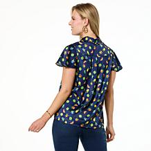 G by Giuliana Woven Flounce-Sleeve Novelty Button-Up Blouse