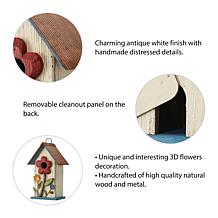 Glitzhome 10.25" Distressed Solid Wood Birdhouse with Flower