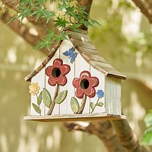 Glitzhome 10.5" Distressed Wood Two-Story Garden Birdhouse w/Flowers