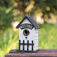 Glitzhome 11" Washed White Rustic Birdhouse with Welcome Sign