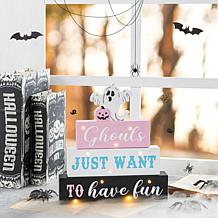 Glitzhome 11.75"H Halloween Lighted Pink Wooden Ghost Block Word Sign