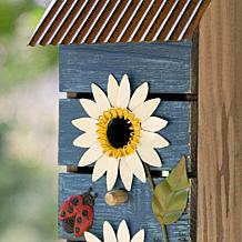 Glitzhome 15" Rustic Washed-Blue Birdhouse with Metal Daisy Accents
