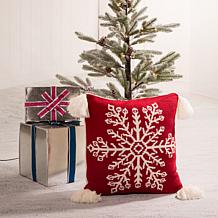 Glitzhome 18in Knitted Snowflake Acrylic Red Pillow Cover with Tassels