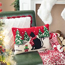 Glitzhome 18in. L Hooked Christmas Cat Pillow