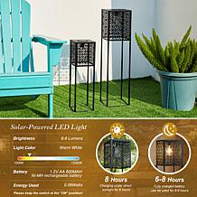 Glitzhome 2-pc. Metal Cutout Solar Powered Edison Bulb Floor Lanterns
