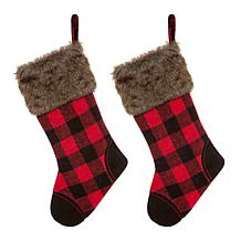 Glitzhome 2-pk 21" Black and Red Buffalo Plaid/Fur Stocking