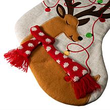 Glitzhome 21" L LED Embroidered Linen Reindeer Christmas Stocking