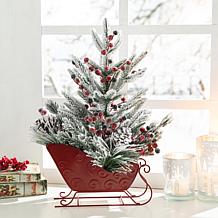 Glitzhome 21" Red Christmas Sleigh Frosted Floral Centerpiece